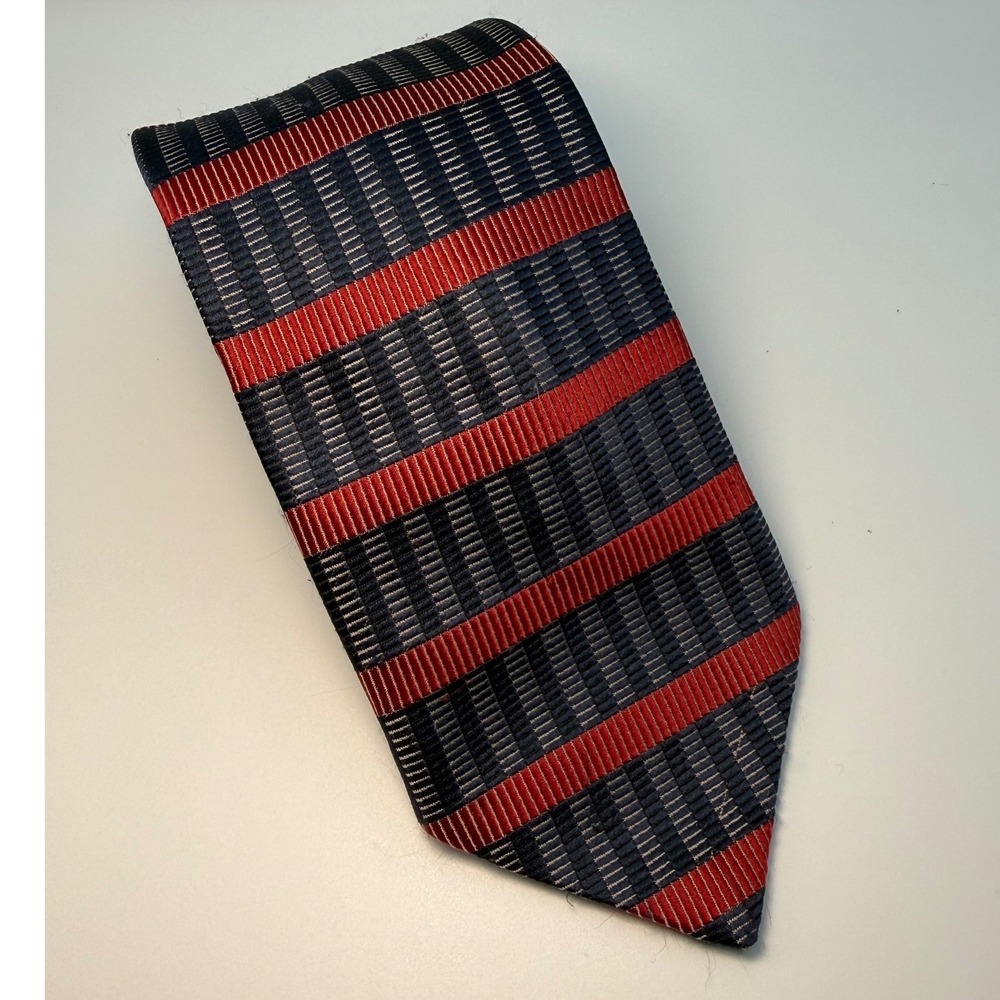 St Michael Marks & Spencer Tie OS Navy Red Striped Geometric Vintage Silk Blend